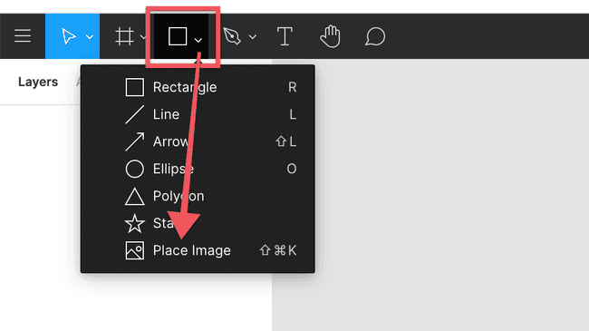 Inside Figma select the dropdown shapes tool and select place image.